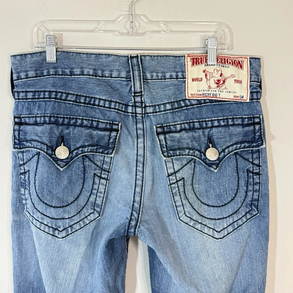 Vtg True Religion Ricky Big T Jeans Mens 34X33 Blue Straight Made In US Flap